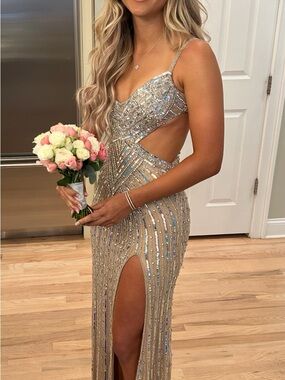 Jovani style 40060 Champagne Beaded Cutout Prom Gown with Thigh Slit
